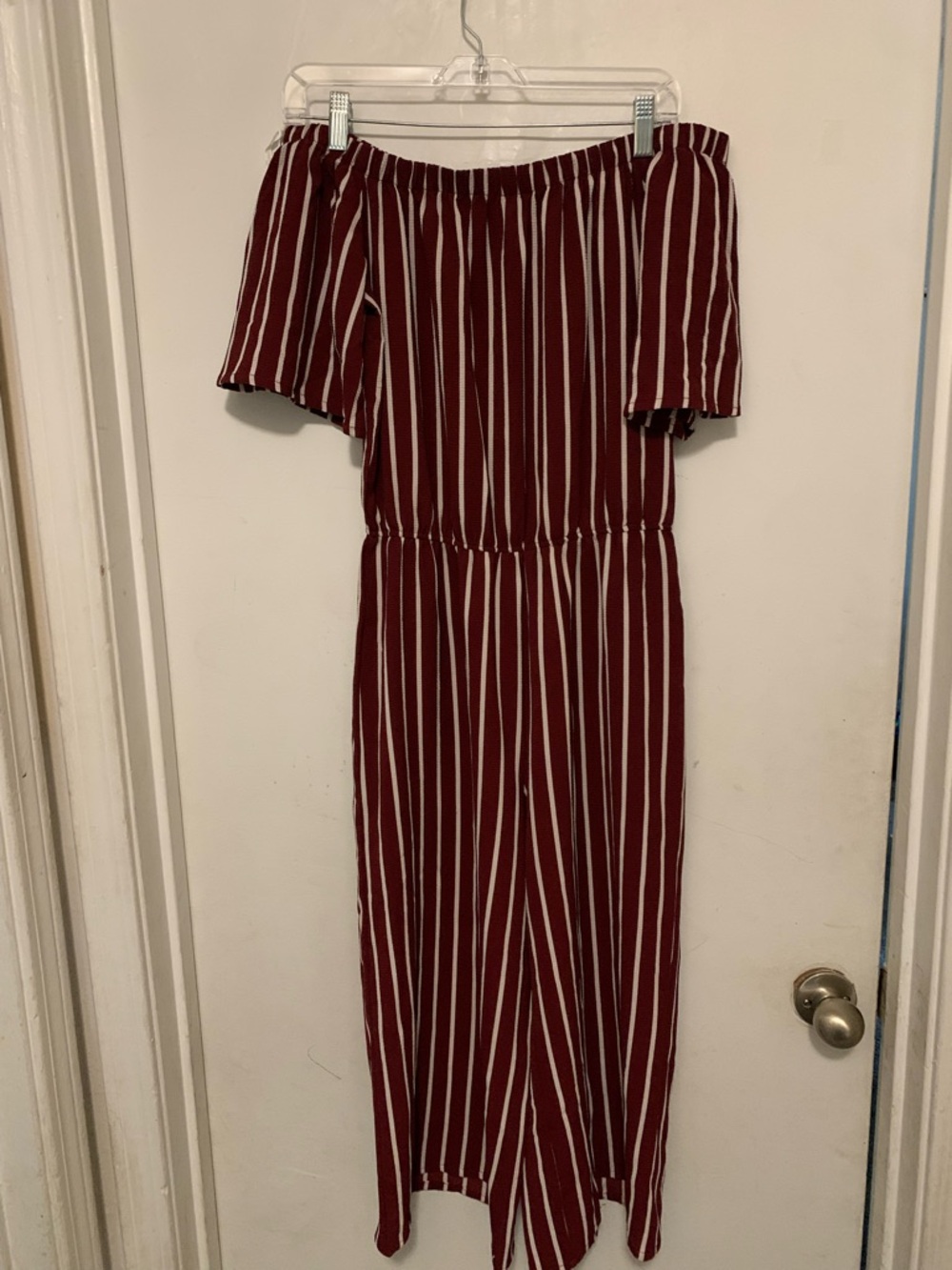 Papaya Burgundy and White Striped Off-Shoulder Dress